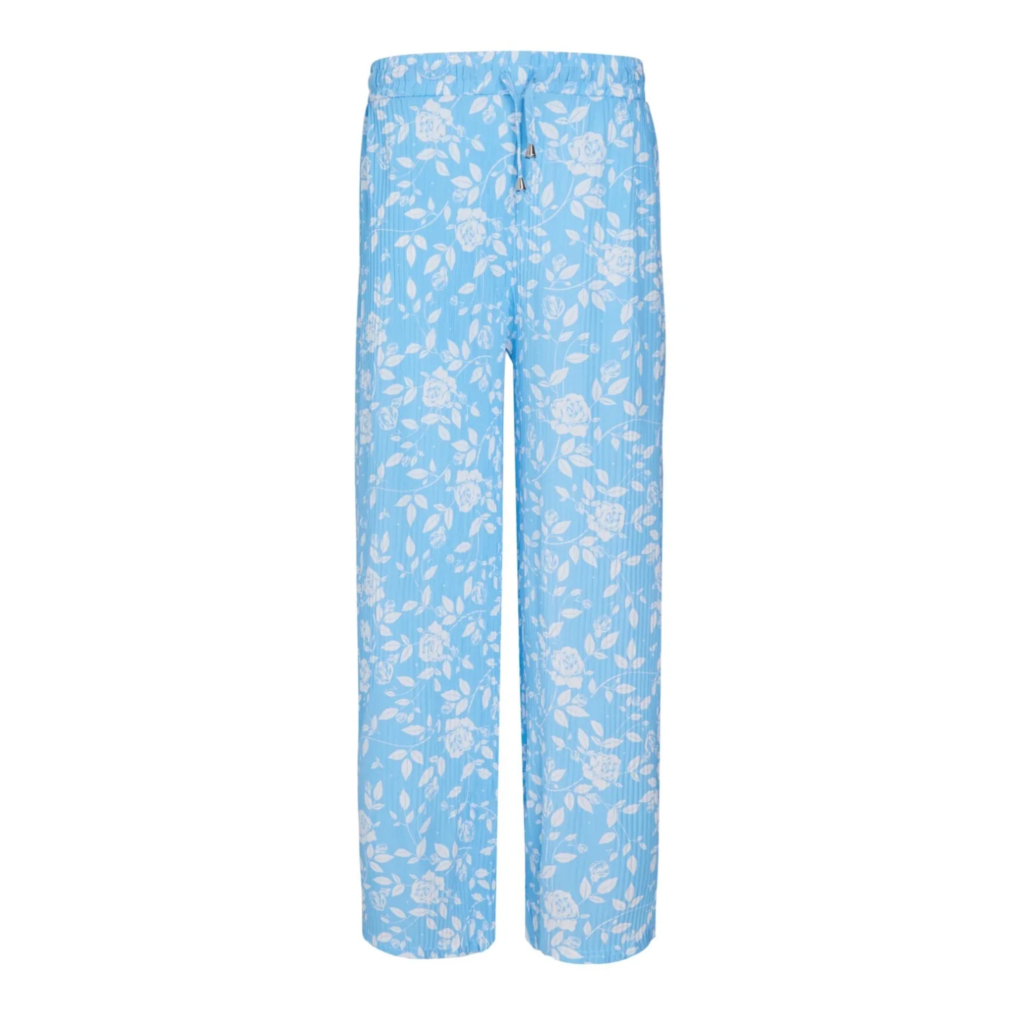 Ladies Soft Touch Sky Blue Palazzo Trousers with White Floral Design – Comfortable Wide Leg Summer Pants